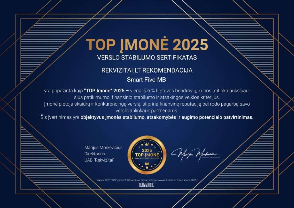 Sertifikatas Lt smart5   Mb Smart Five  Top įmonė 2025 | Patikimas Partneris   Smart Five Mb